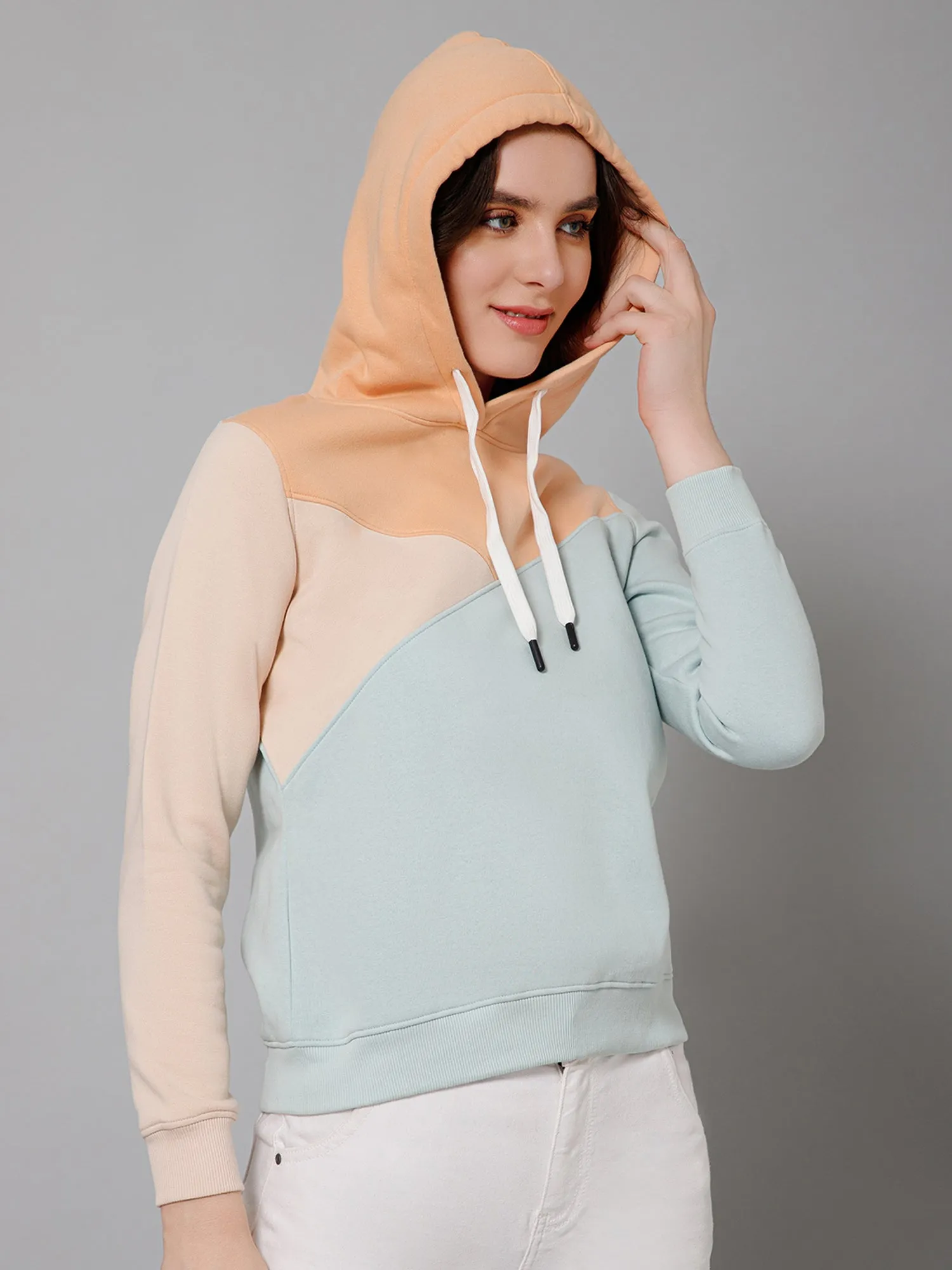 Women's Casual  Mint  Regular Full Sleeve  Color block Pullover Hoodie Sweatshirt