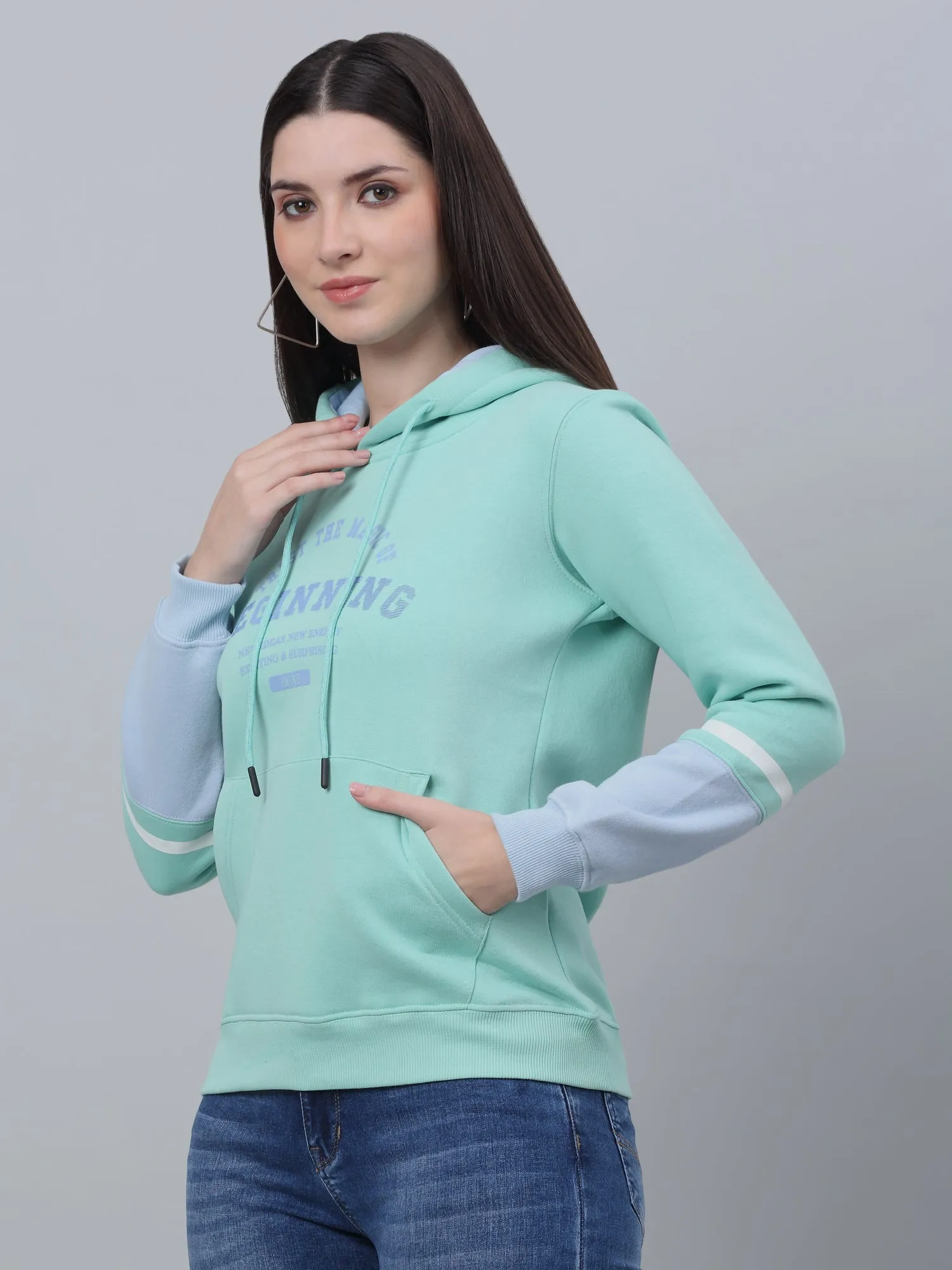 Women's Casual  Mint  Regular Full Sleeve  Pullover Hoodie Sweatshirt