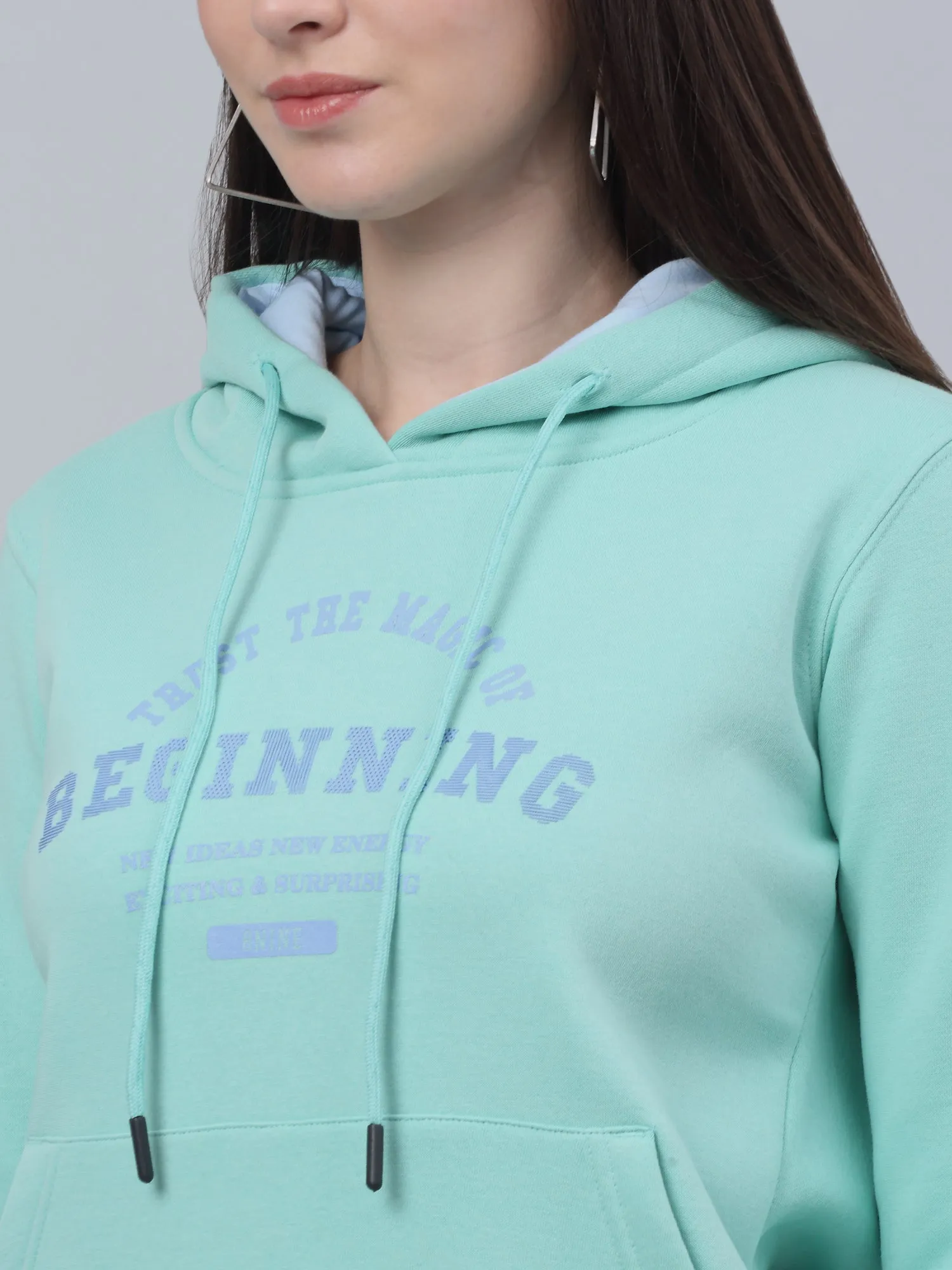 Women's Casual  Mint  Regular Full Sleeve  Pullover Hoodie Sweatshirt