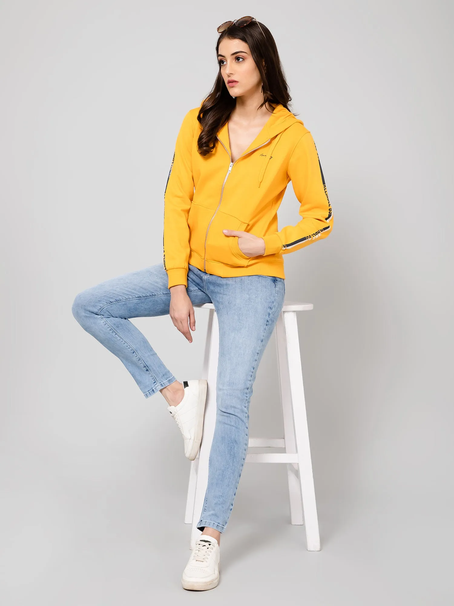 Women's Casual  Mustard Regular Full Sleeve Zipthru  Sweatshirt