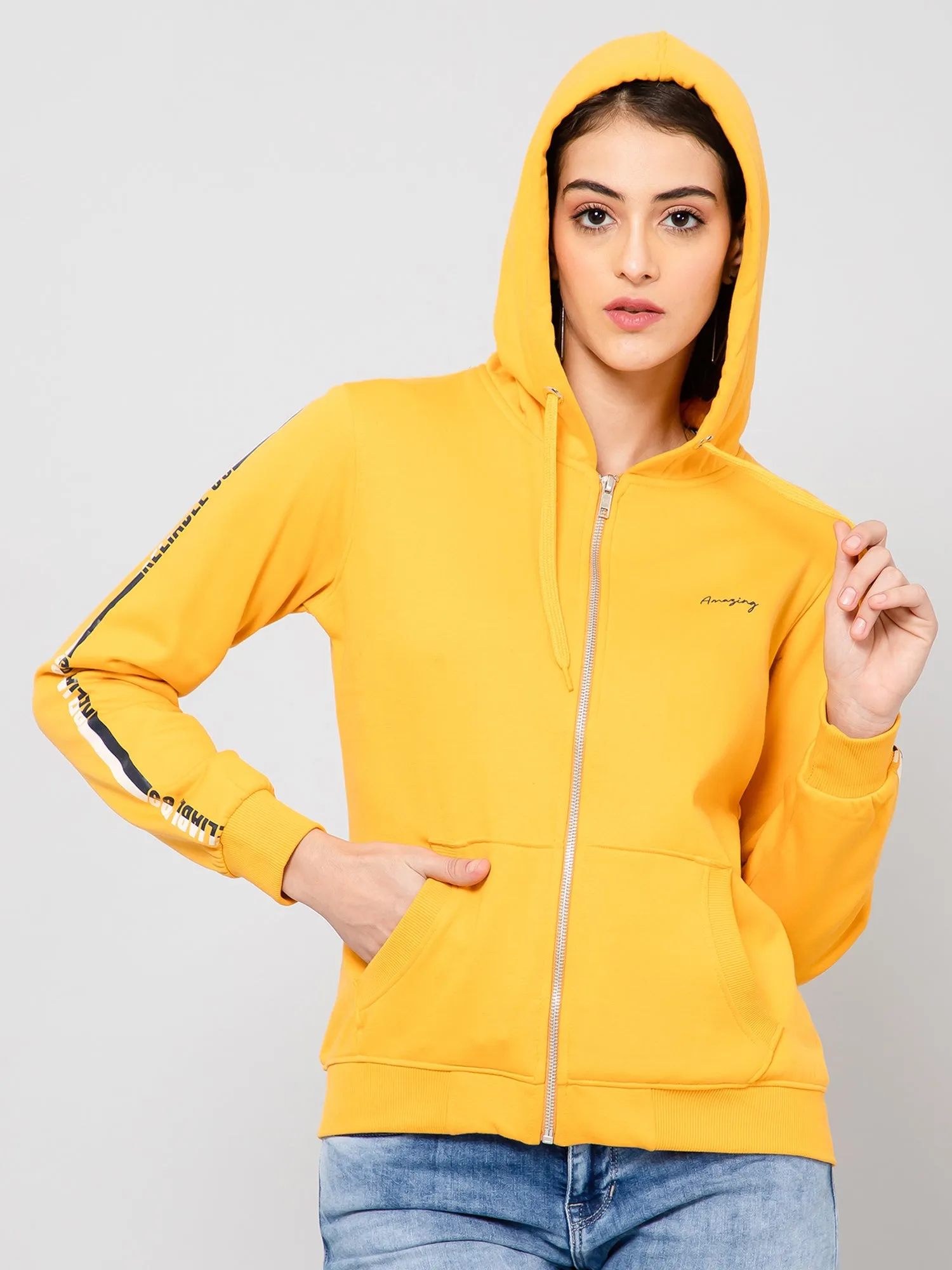 Women's Casual  Mustard Regular Full Sleeve Zipthru  Sweatshirt