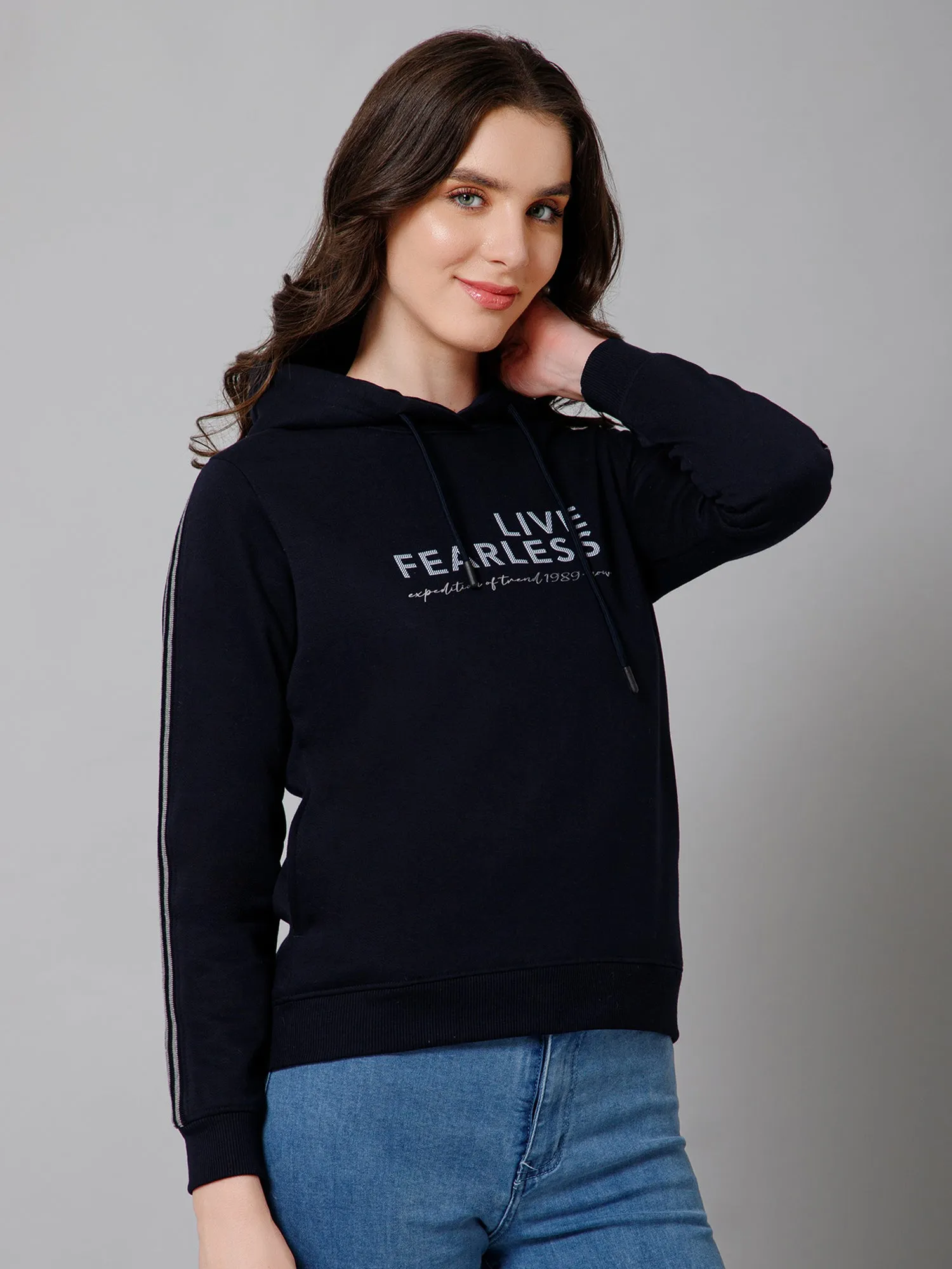 Women's Casual  Navy Blue Regular Full Sleeve Pullover Hoodie Fleece Sweatshirt