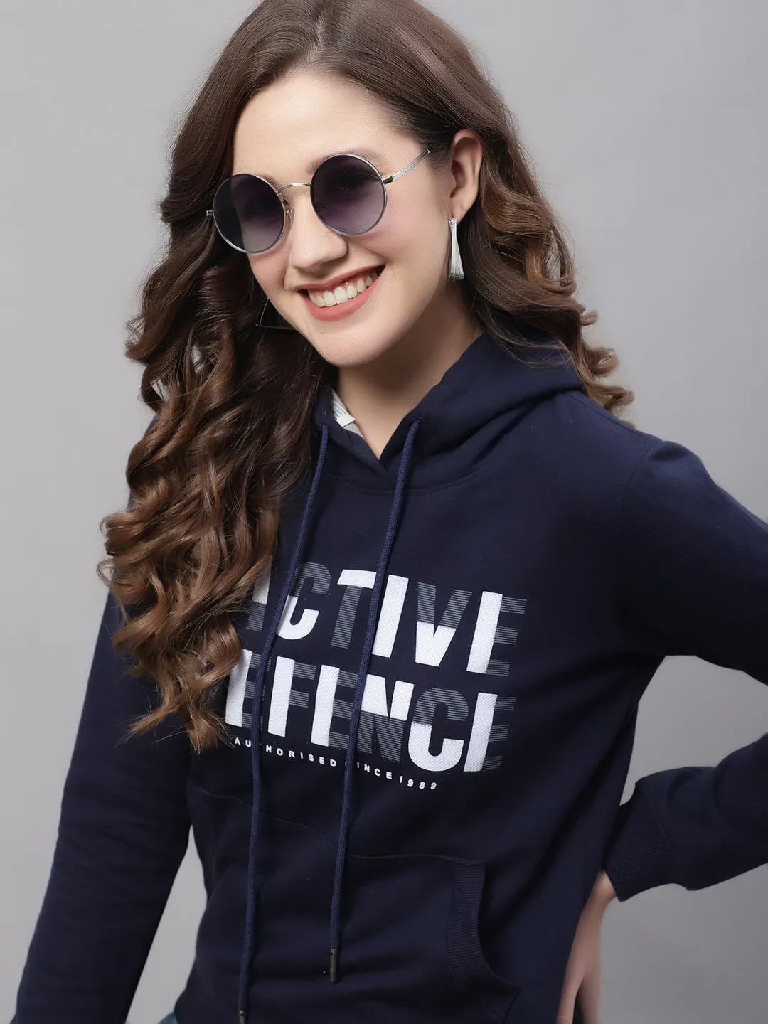 Women's Casual  Navy Blue Regular Full Sleeve Pullover Hoodie Sweatshirt