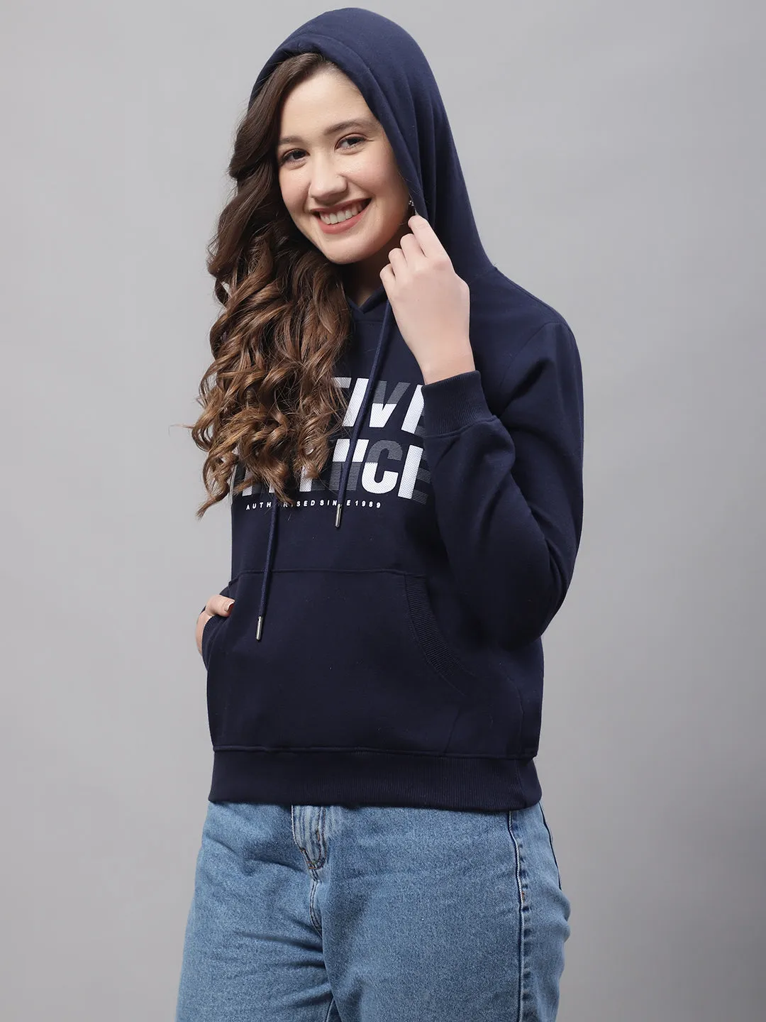 Women's Casual  Navy Blue Regular Full Sleeve Pullover Hoodie Sweatshirt