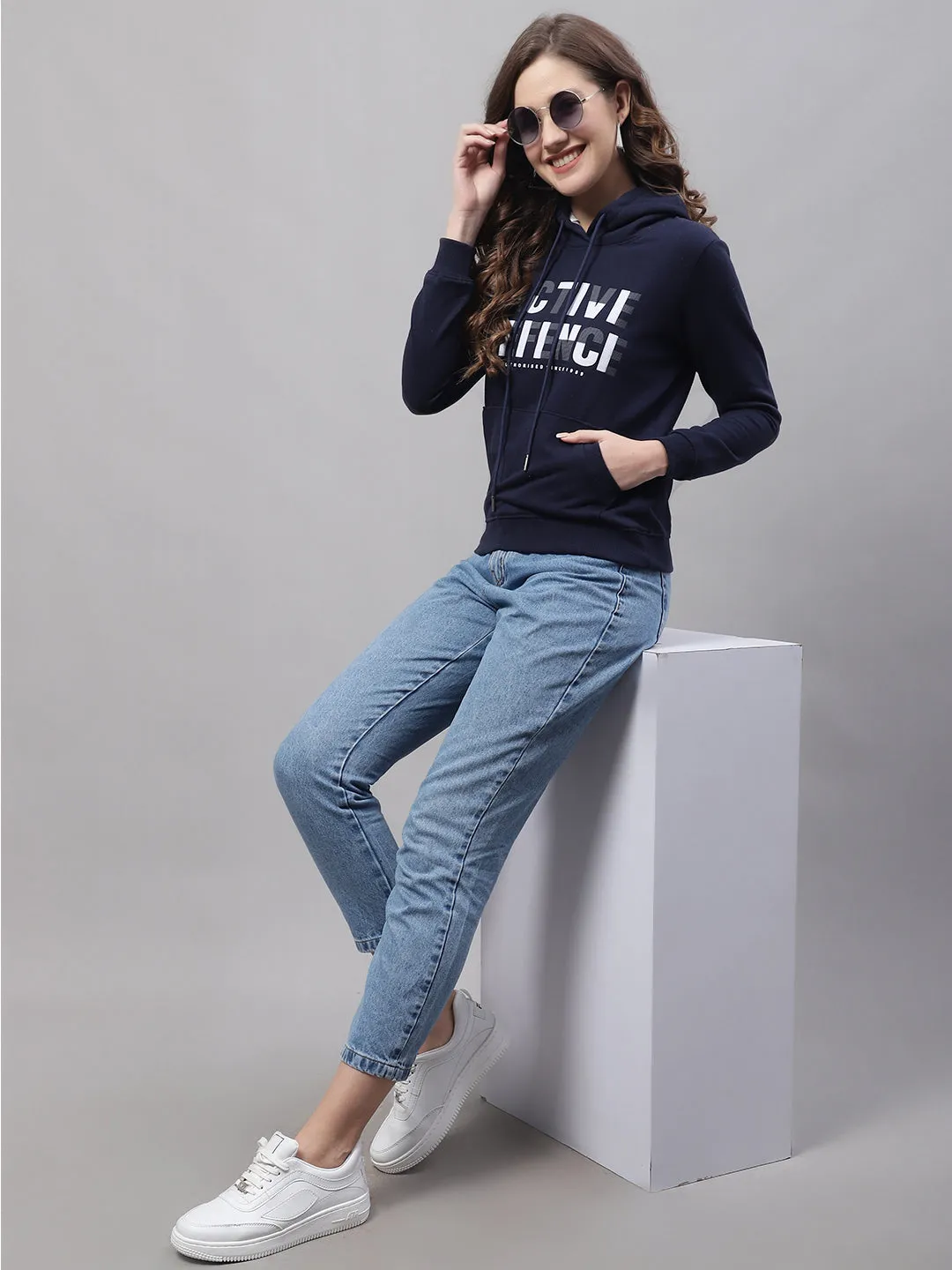 Women's Casual  Navy Blue Regular Full Sleeve Pullover Hoodie Sweatshirt