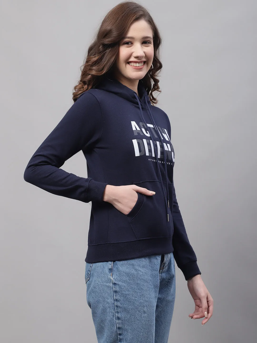 Women's Casual  Navy Blue Regular Full Sleeve Pullover Hoodie Sweatshirt