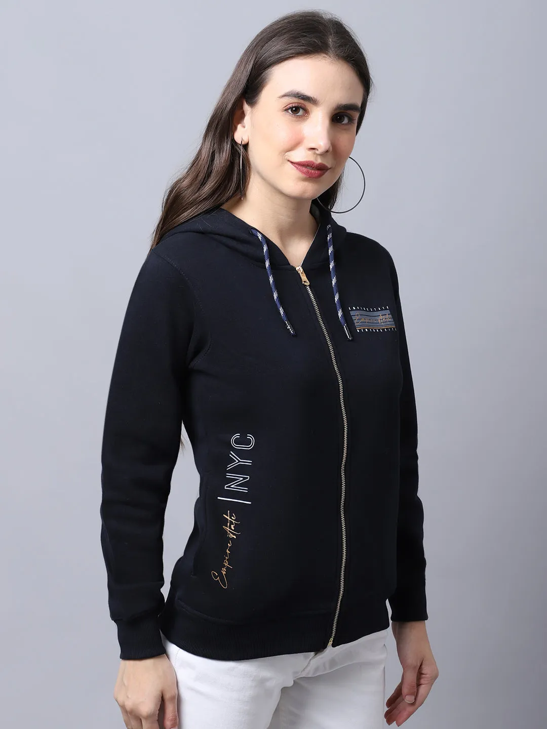 Women's Casual  Navy Blue Regular Full Sleeve Zipthru  Sweatshirt