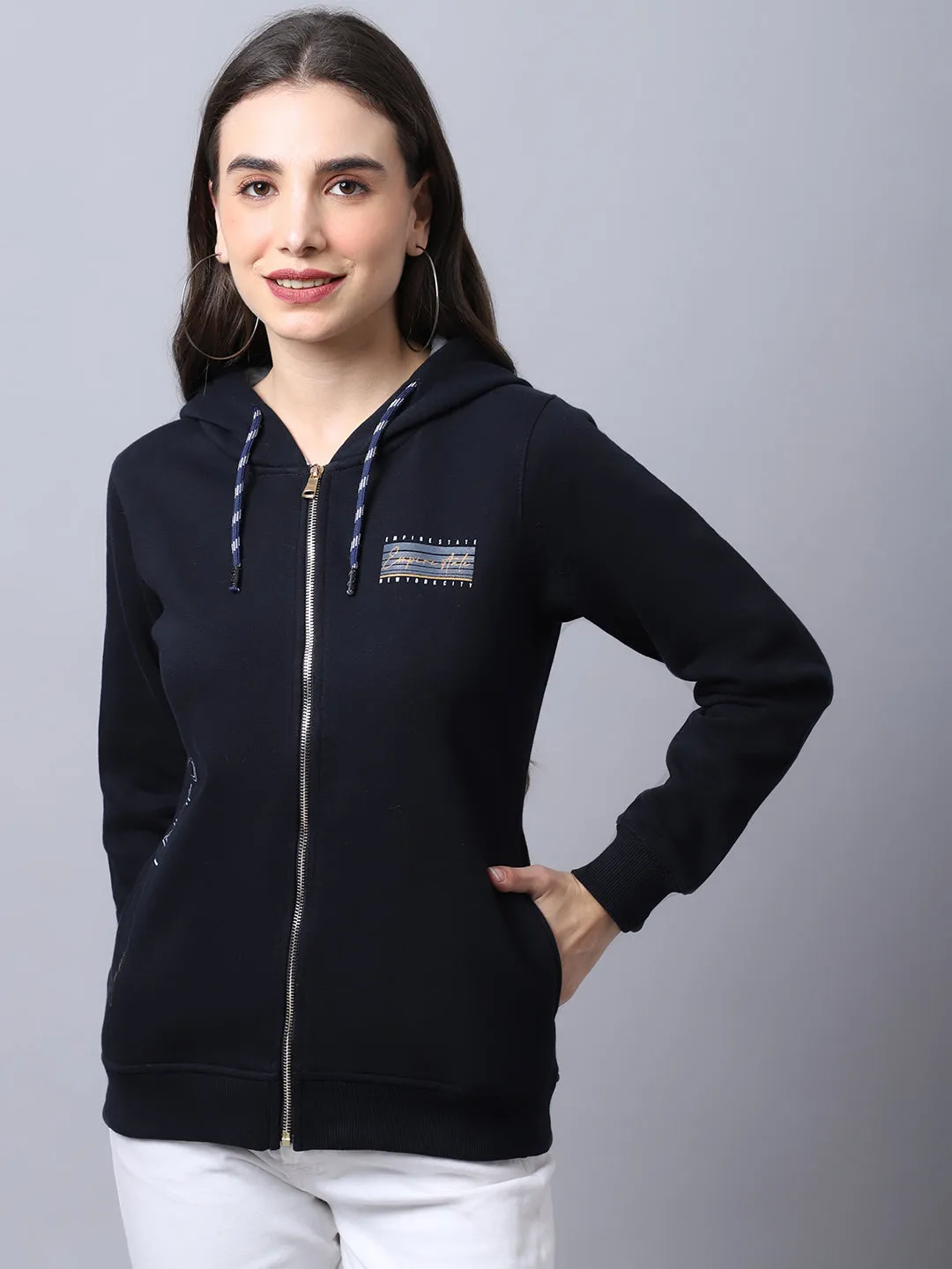 Women's Casual  Navy Blue Regular Full Sleeve Zipthru  Sweatshirt