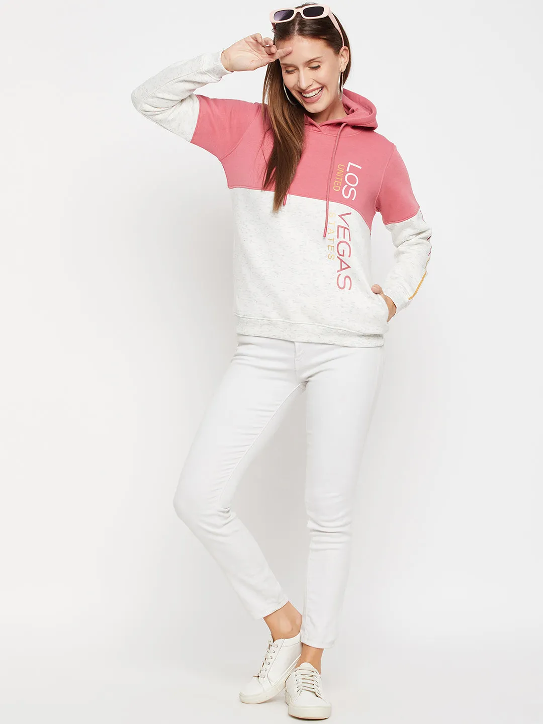 Women's Casual  Pink Regular Full Sleeve Color block Pullover Hoodie Sweatshirt