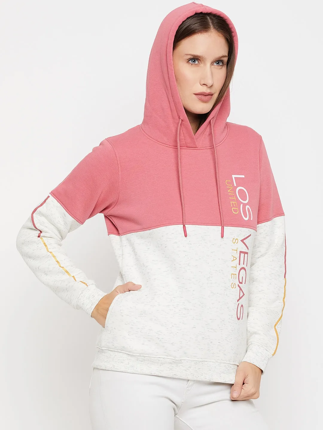 Women's Casual  Pink Regular Full Sleeve Color block Pullover Hoodie Sweatshirt