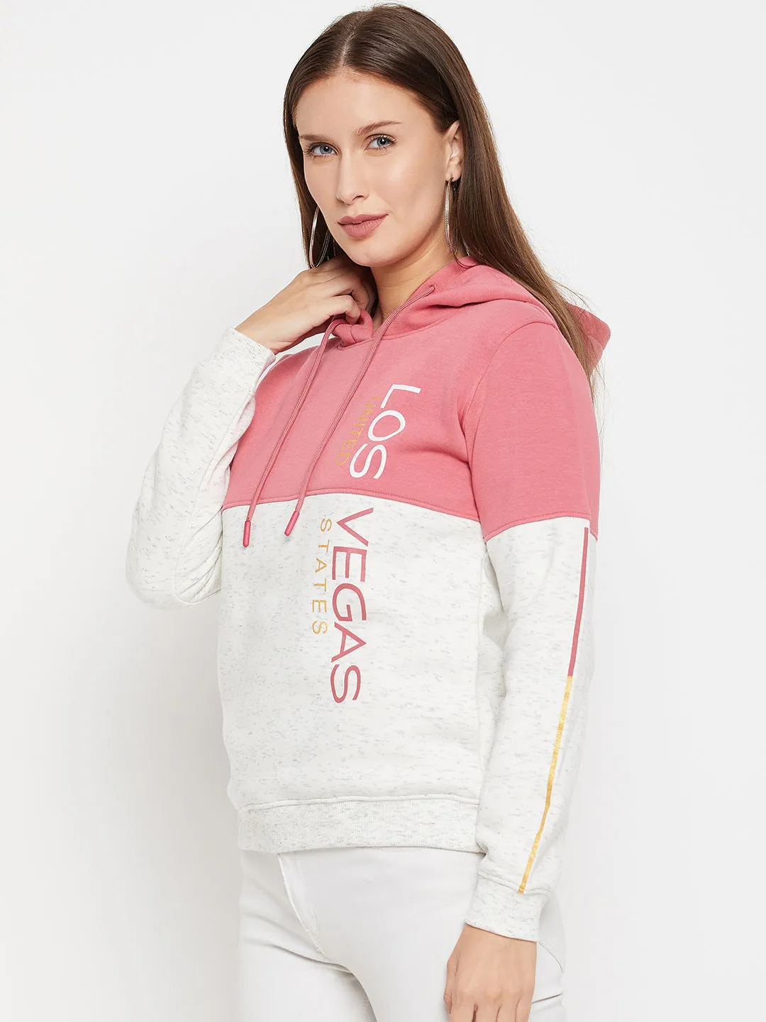 Women's Casual  Pink Regular Full Sleeve Color block Pullover Hoodie Sweatshirt