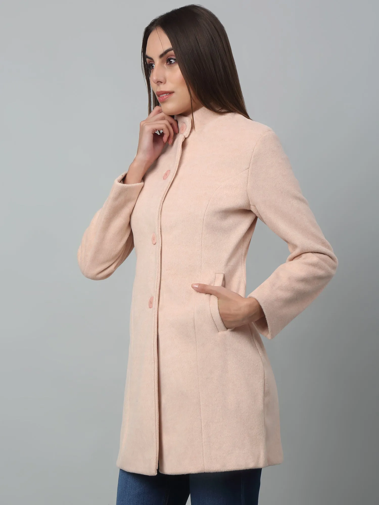 Women's Casual  Pink Single breasted  Stand Collar Long Coat