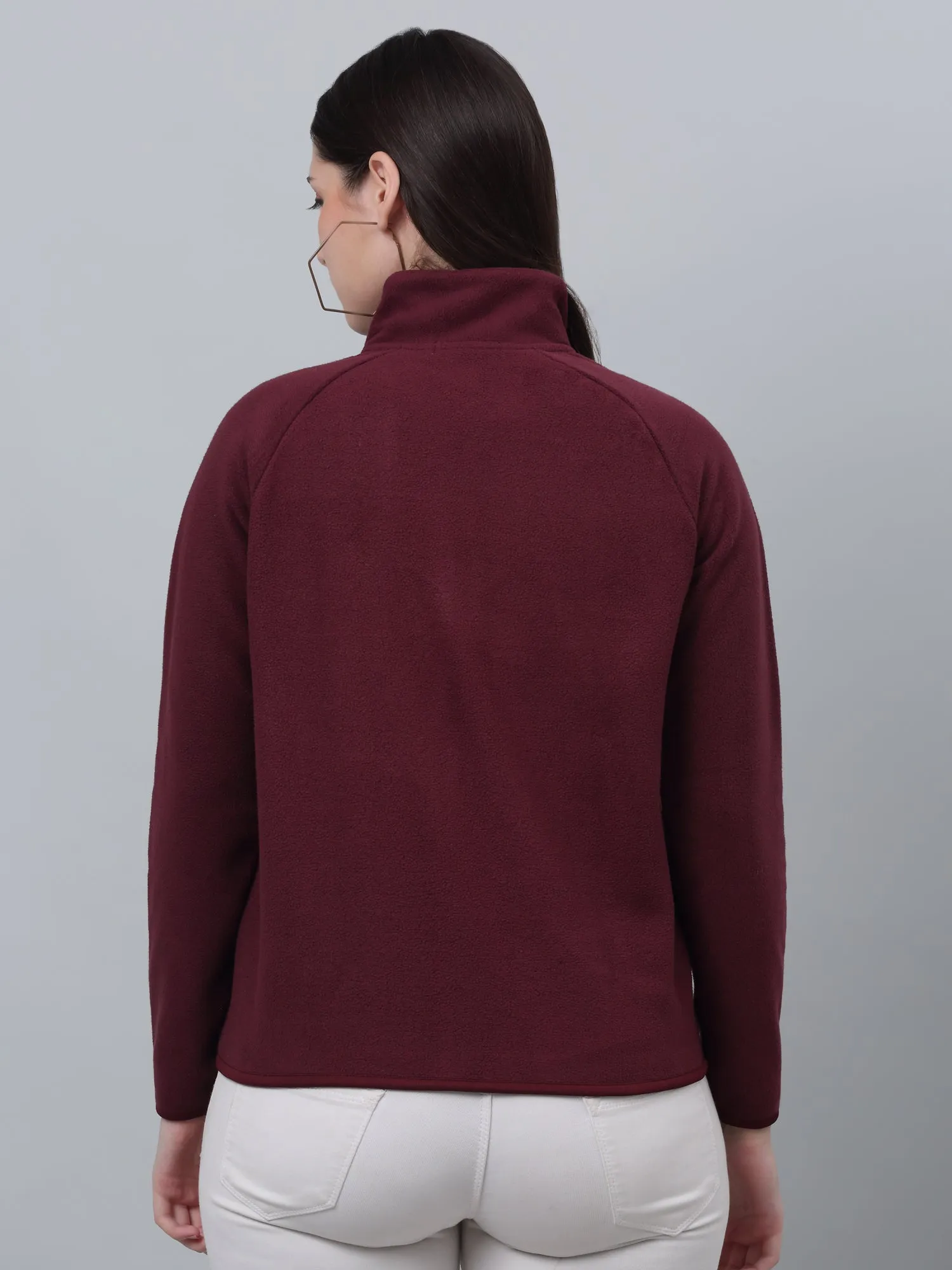 Women's Casual  Wine Raglan Full Sleeve Zipthru  Fleece Sweatshirt