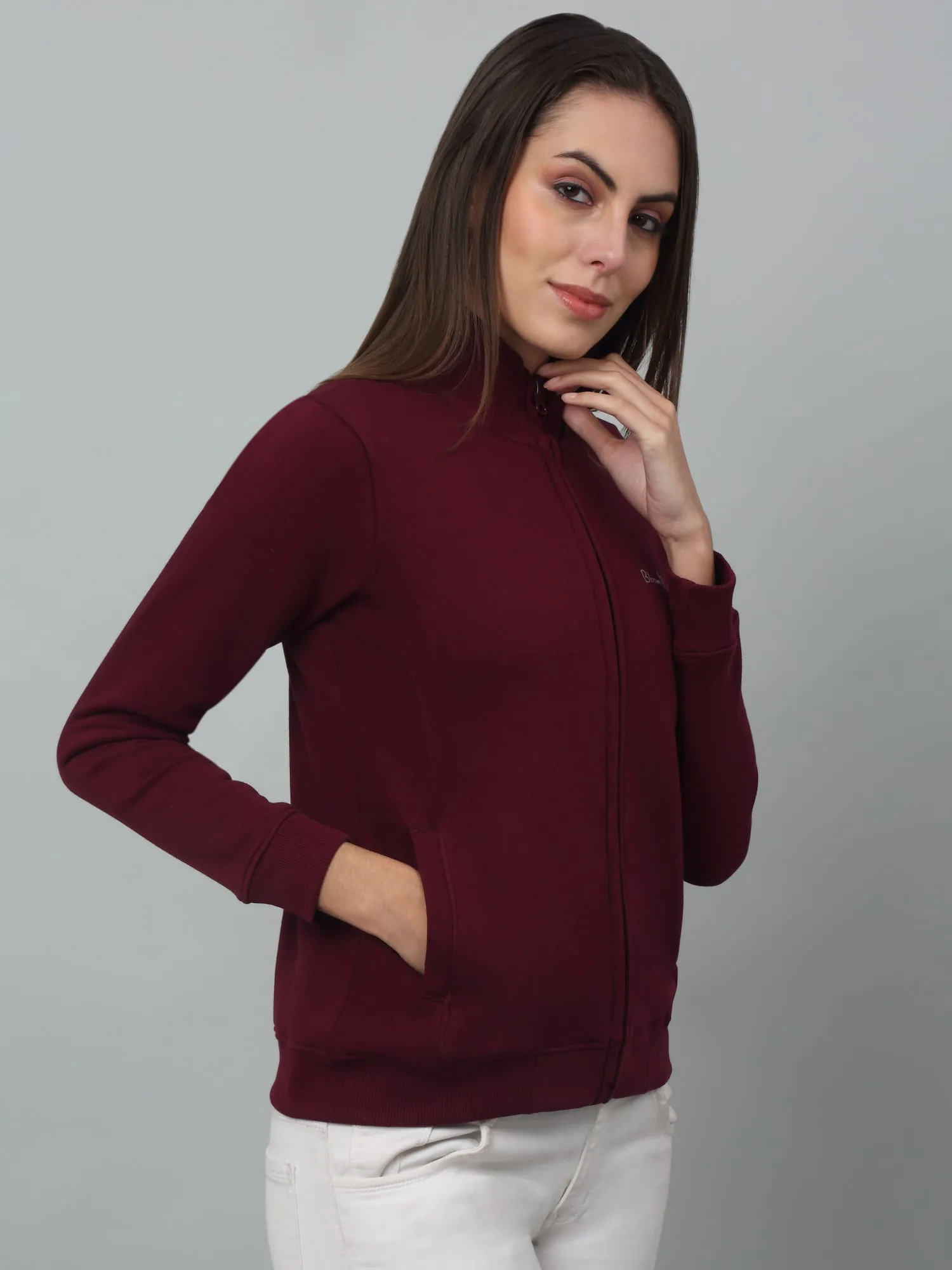 Women's Casual  Wine Regular Full Sleeve Zipthru  Sweatshirt