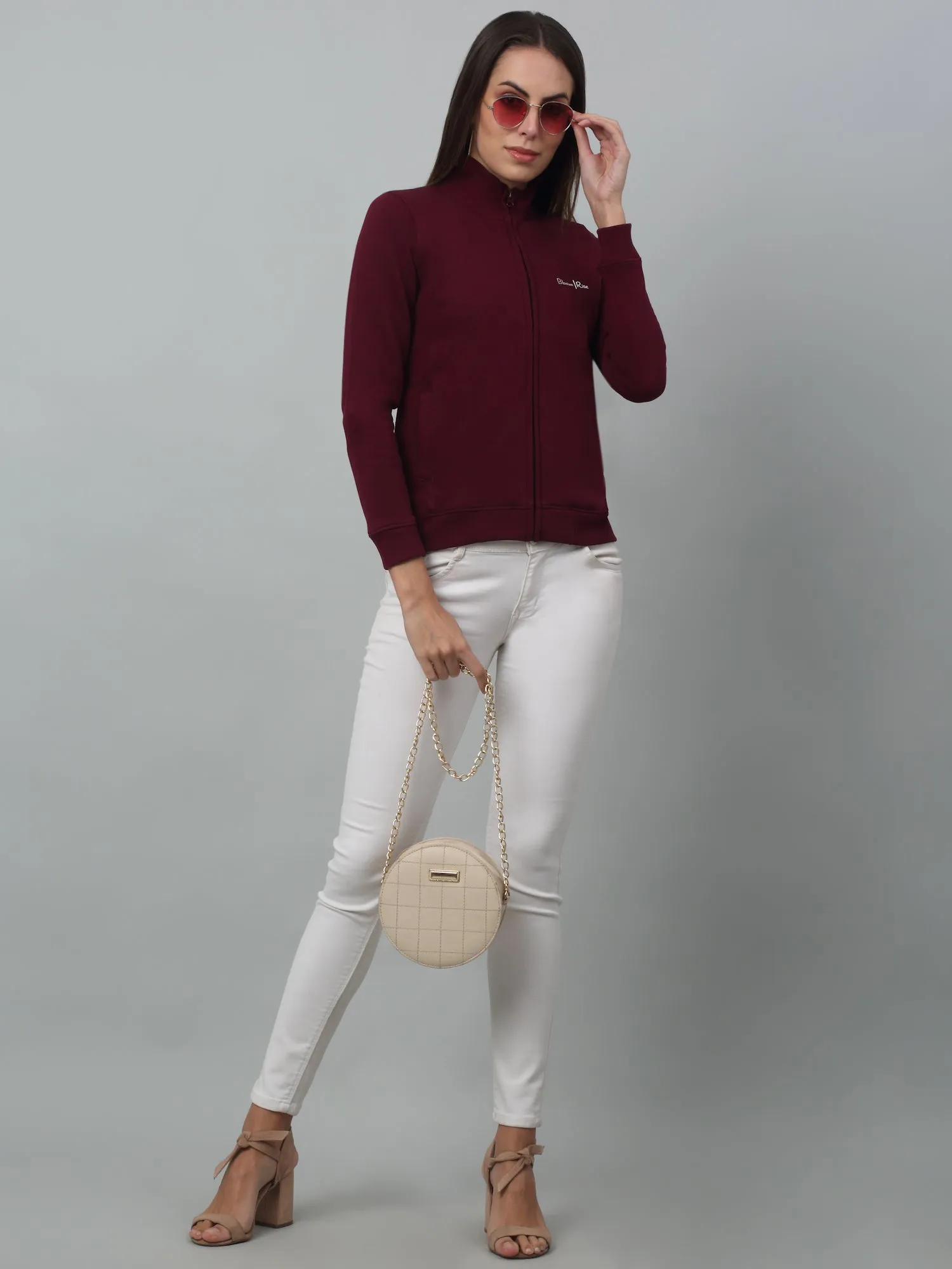 Women's Casual  Wine Regular Full Sleeve Zipthru  Sweatshirt