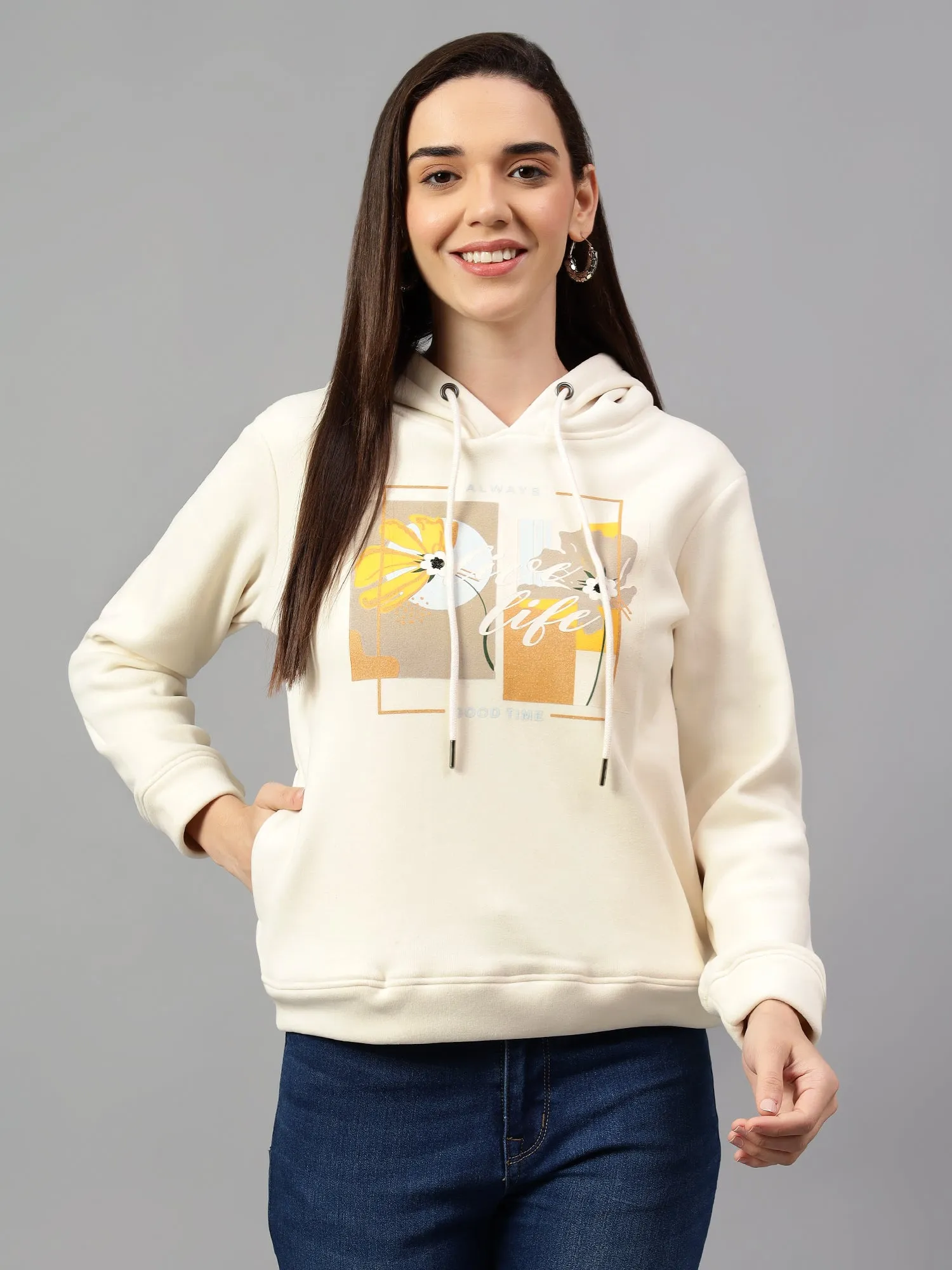 Women's Cream Printed Hoody Neck Sweatshirt