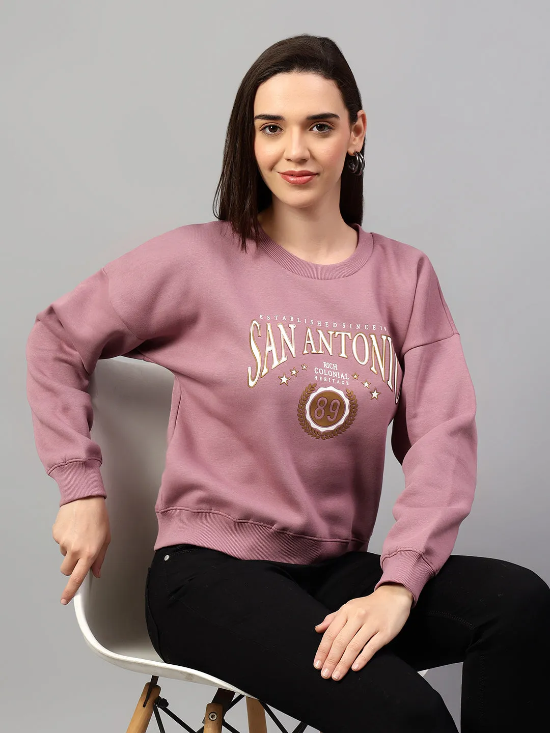 Women's Mauve Printed Round Neck Crop Sweatshirt