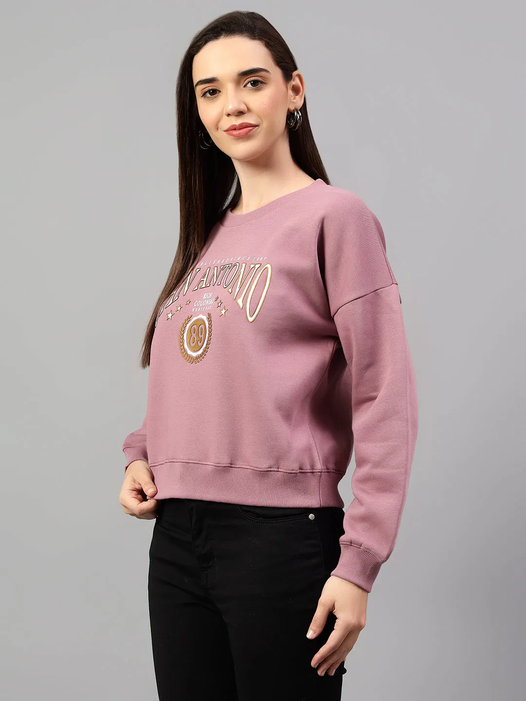 Women's Mauve Printed Round Neck Crop Sweatshirt