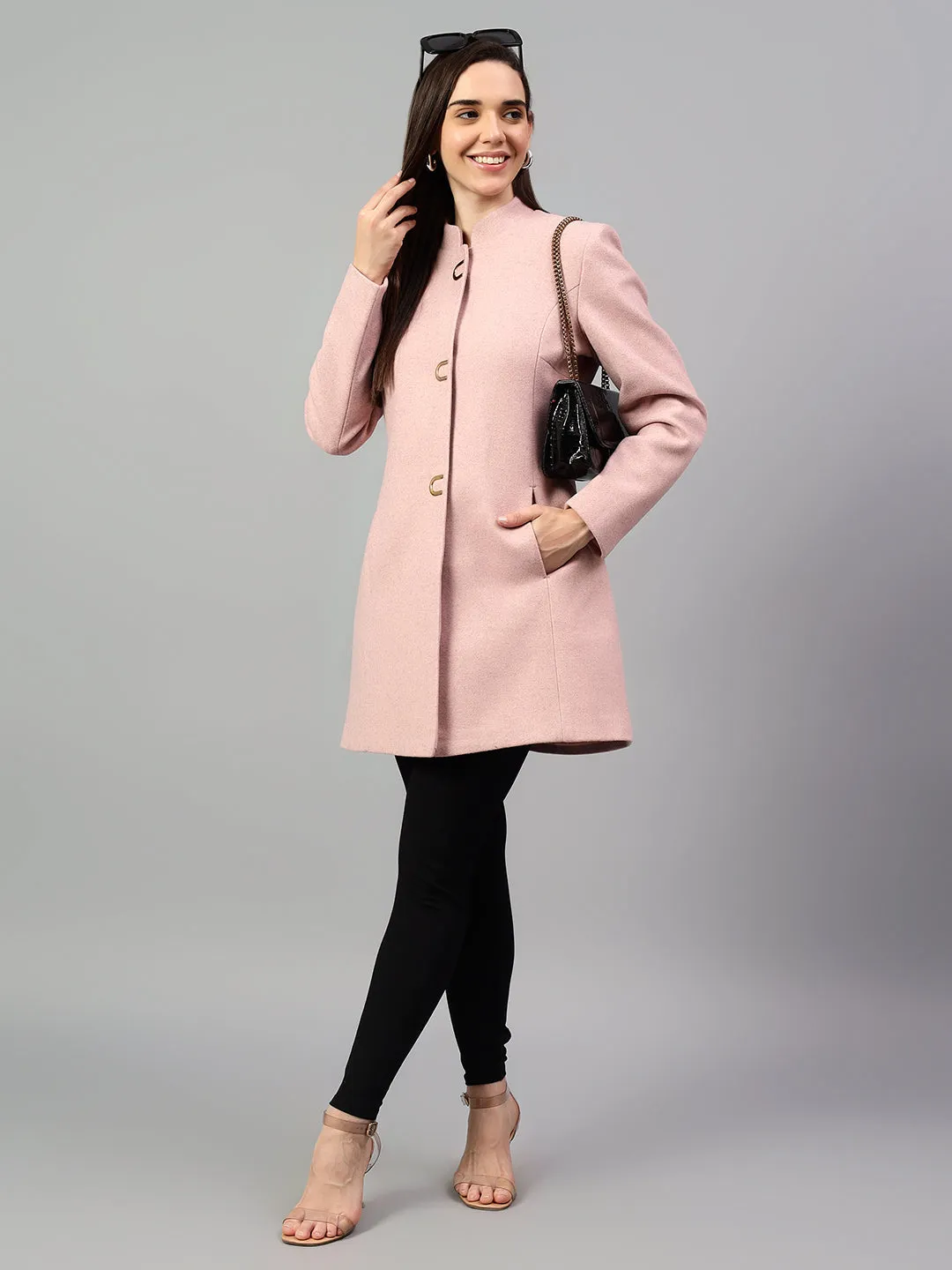 Women's Pink Solid Full Sleeves Winter Long Coat