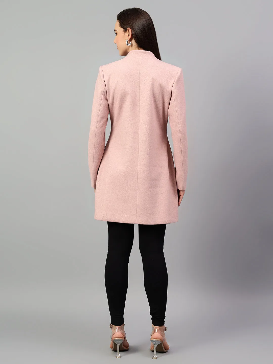 Women's Pink Solid Full Sleeves Winter Long Coat