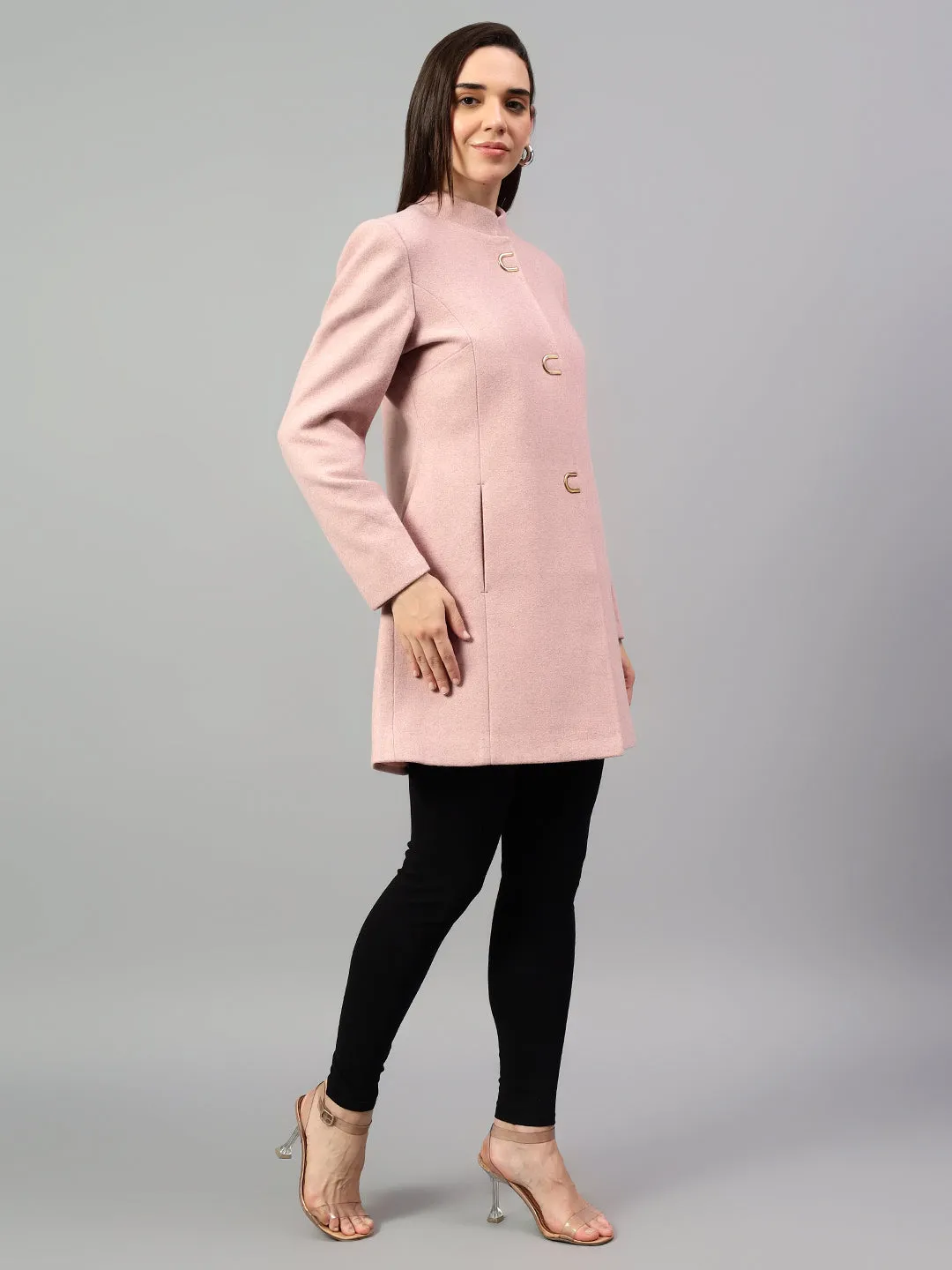 Women's Pink Solid Full Sleeves Winter Long Coat