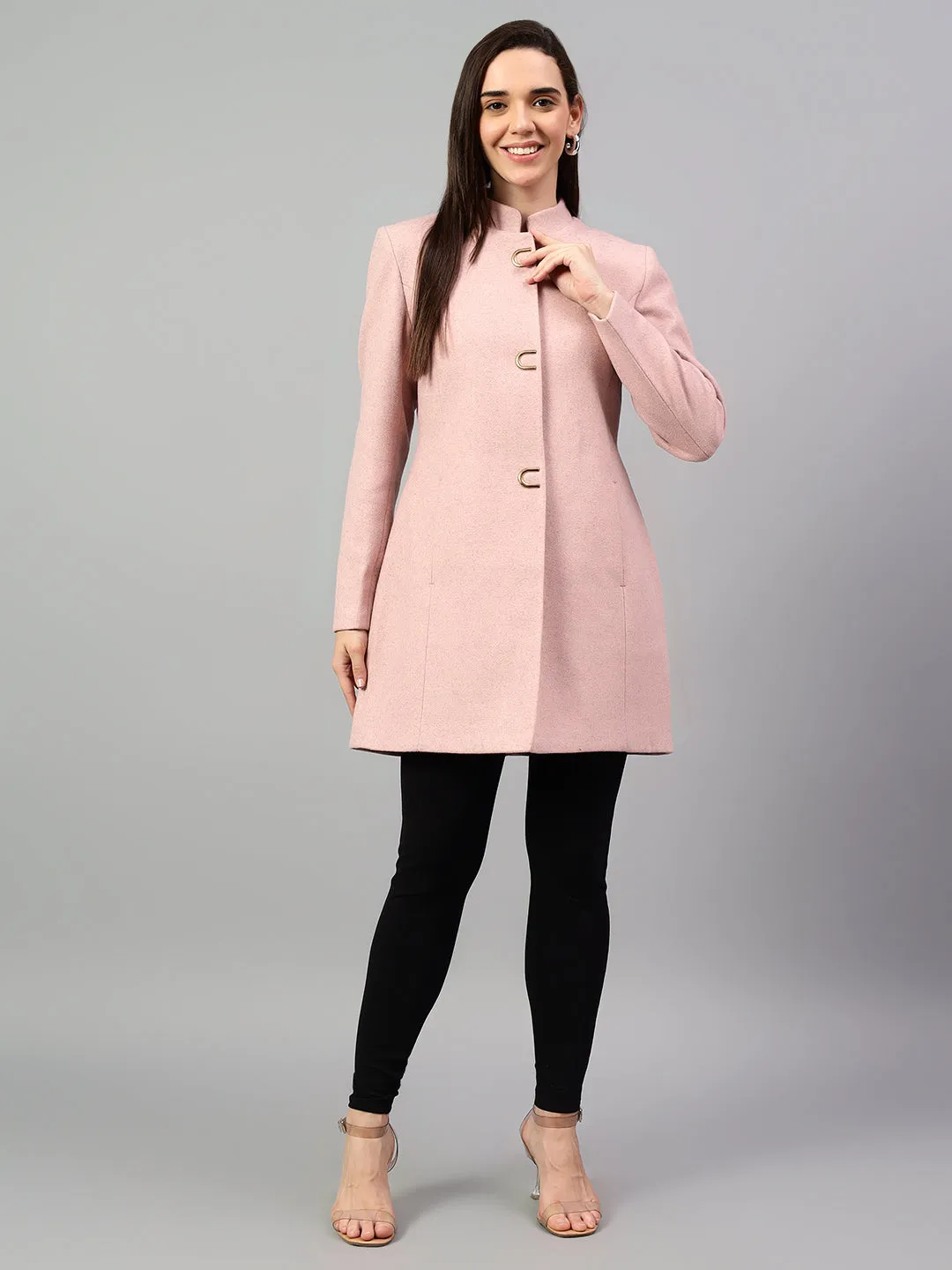 Women's Pink Solid Full Sleeves Winter Long Coat