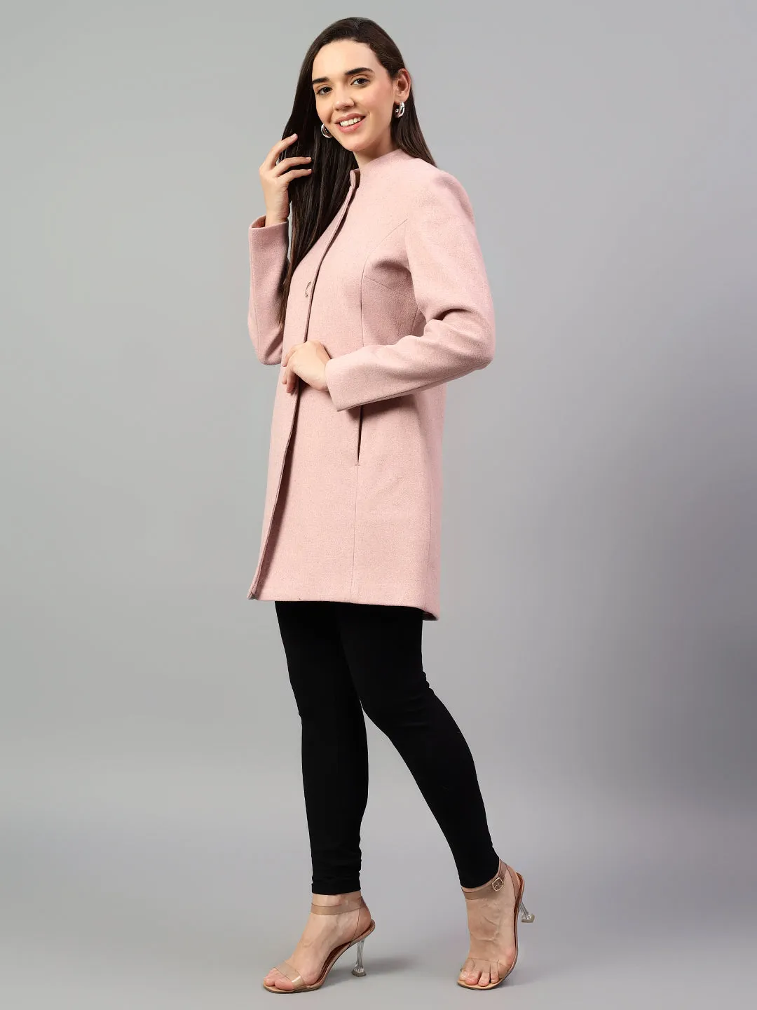 Women's Pink Solid Full Sleeves Winter Long Coat