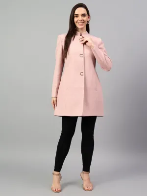 Women's Pink Solid Full Sleeves Winter Long Coat